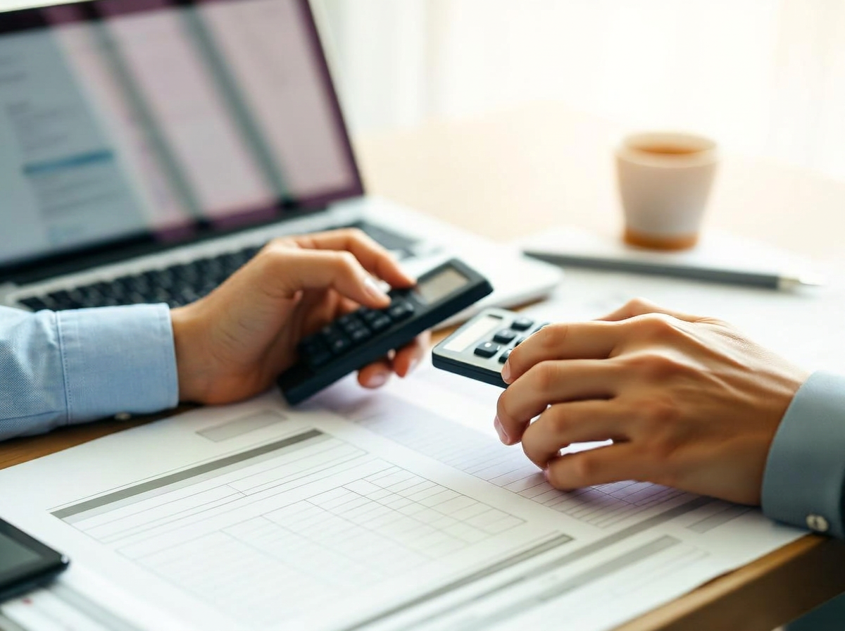 Professionnel calculant les charges fiscales sur des formulaires vierges à côté d’un ordinateur portable