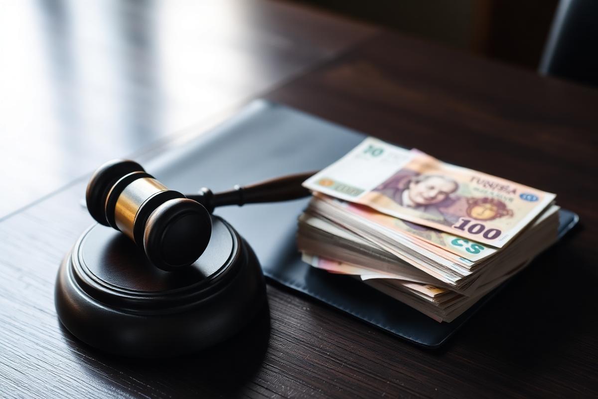 Marteau de juge posé sur un dossier juridique et billets, symbole des risques juridiques