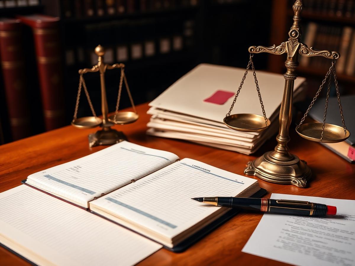 Bureau du liquidateur avec un grand livre ouvert, une balance en laiton, un stylo plume et des dossiers