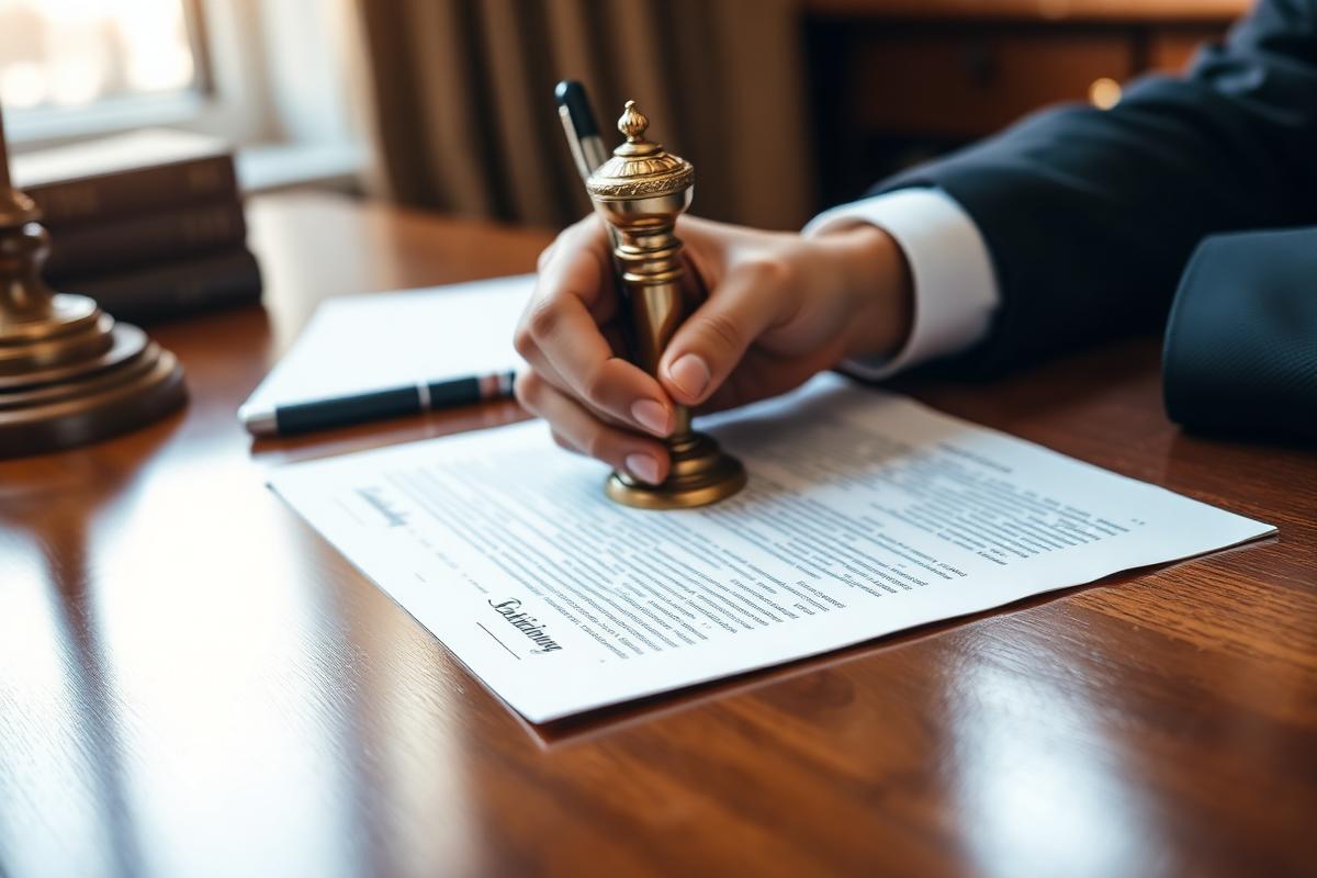 Signature et cachet d’un acte constitutif de société sur un bureau en bois massif
