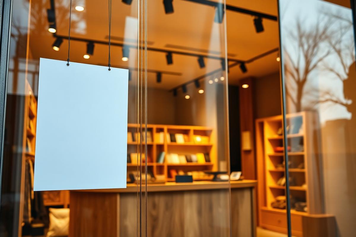 Vitrine d’une boutique élégante avec panneau vierge, symbole de l’identité commerciale