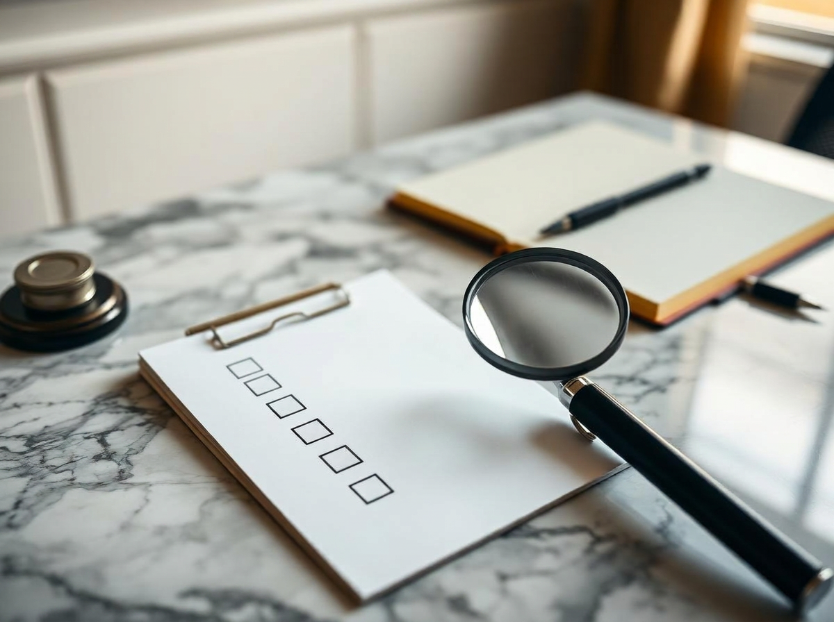 Bloc-notes avec cases à cocher vides, loupe et stylo sur un bureau en marbre