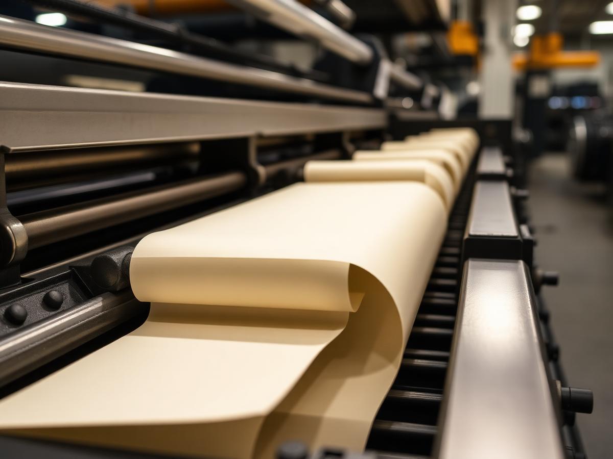 Presse d’imprimerie professionnelle avec pages vierges défilant sur les rouleaux
