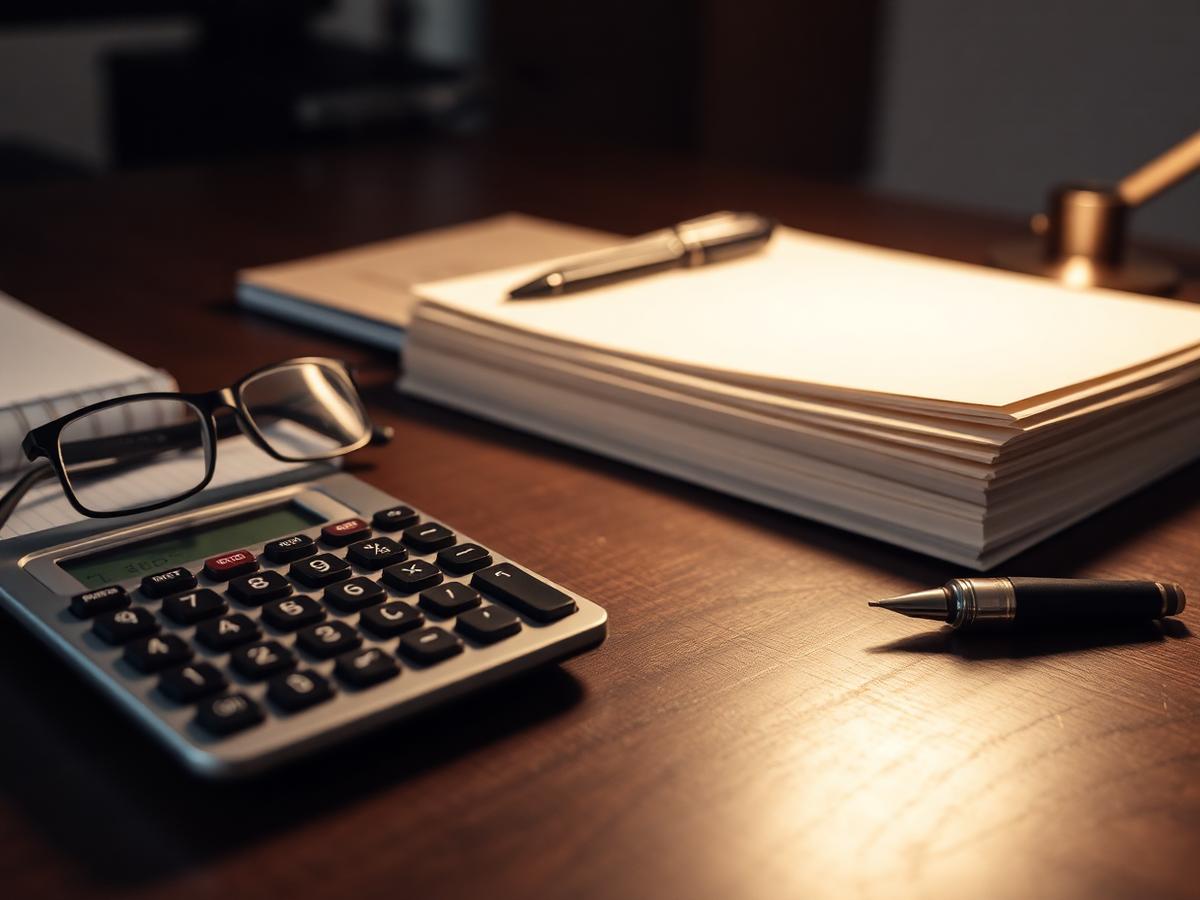 Bureau d’expert-comptable : calculatrice, lunettes et pile de dossiers vierges sous lampe chaude