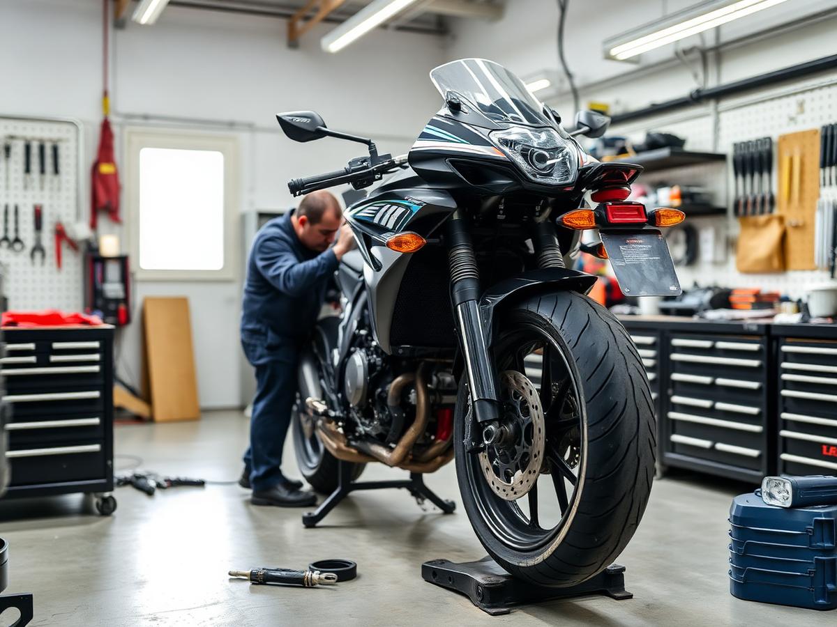 Atelier de réparation motocycle avec outils et pièces détachées
