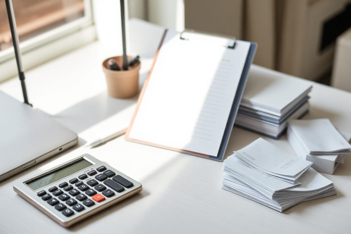 Bureau minimaliste avec calculatrice, dossier vierge et reçus, symbole de la déclaration fiscale