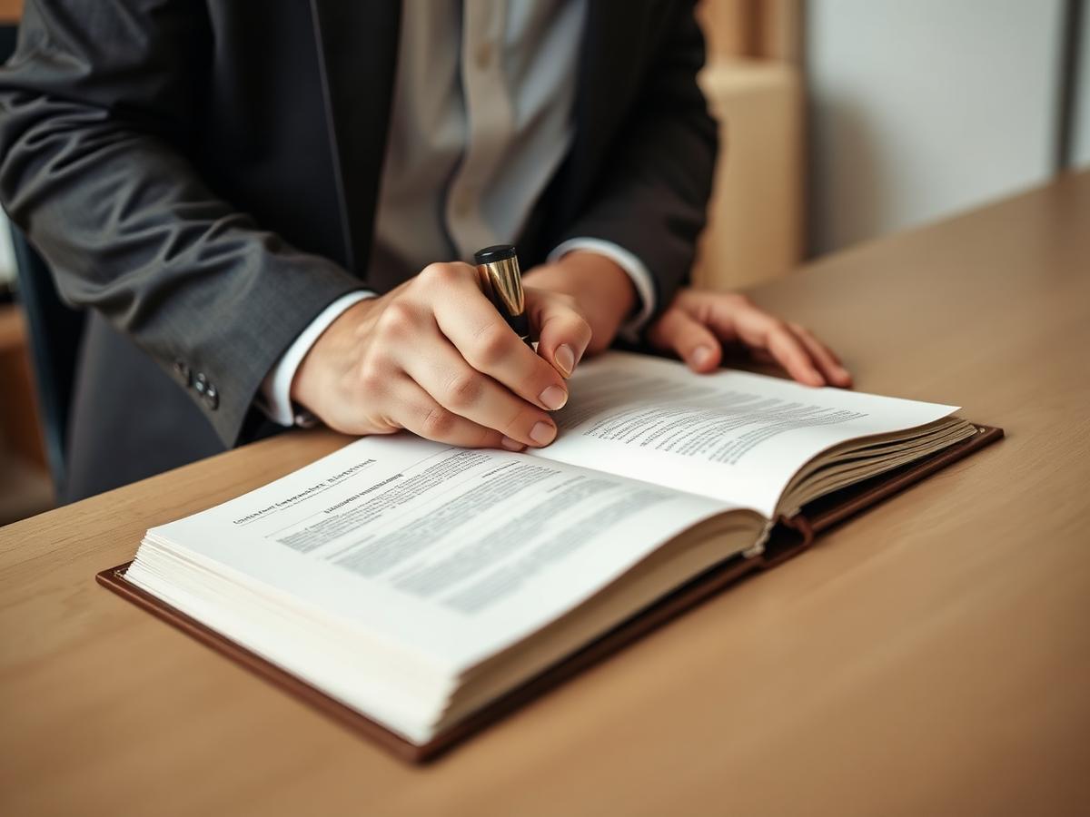 Mains scellant un registre relié cuir sur un bureau clair — inscription au registre national