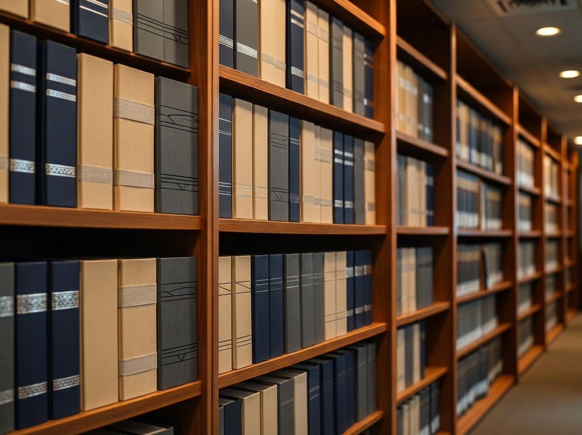 Archives de dossiers financiers sur des étagères en bois dans une bibliothèque de cabinet