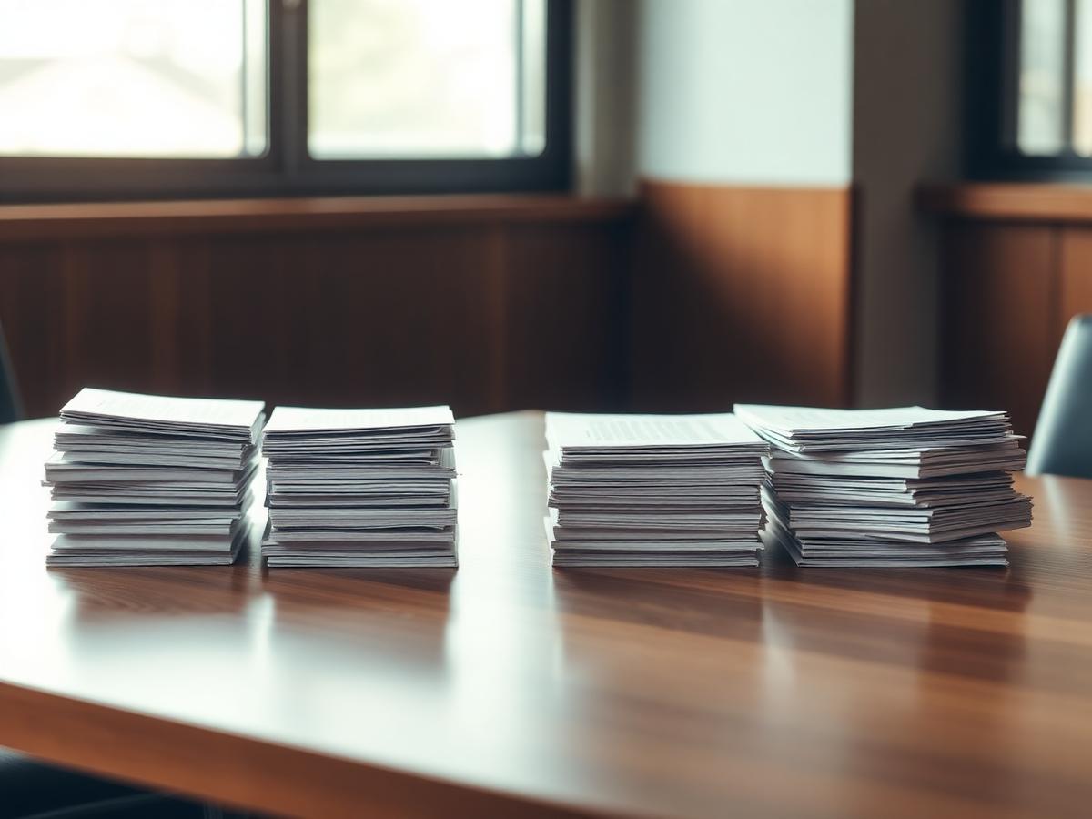 Quatre piles de documents juridiques alignées sur une table de conférence en bois