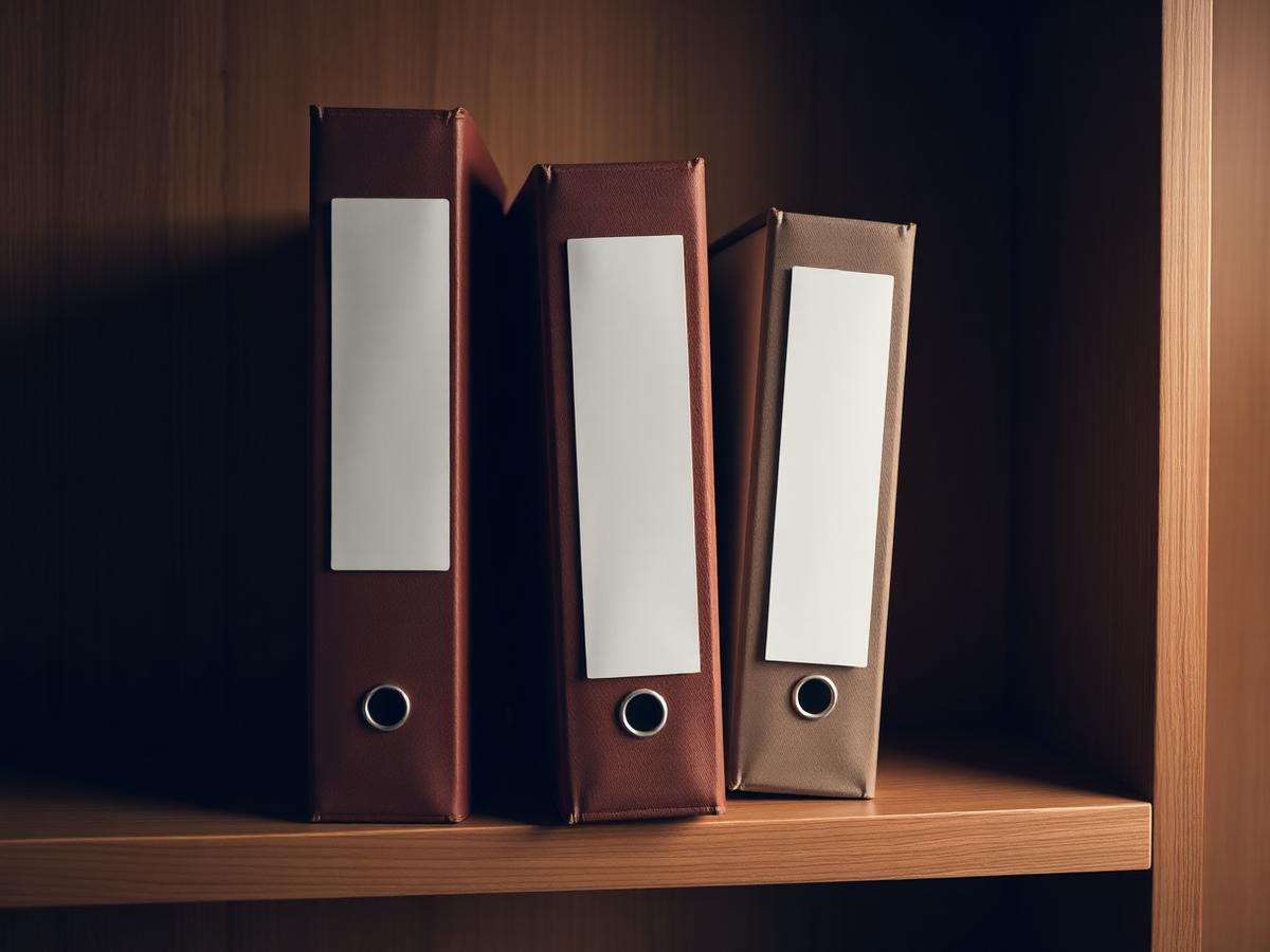 Trois classeurs sur une étagère en bois, légèrement désalignés, symbolisant fiscal, comptable et RNE