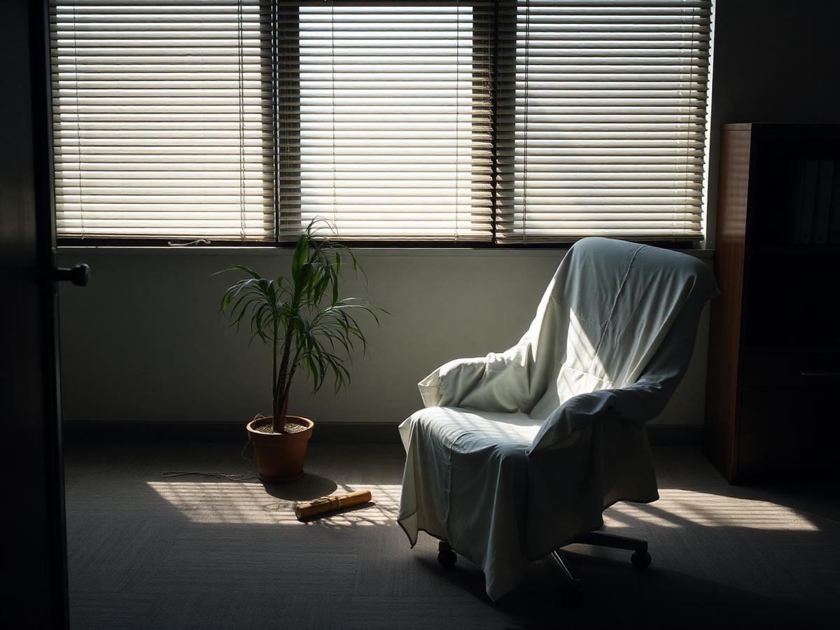 Bureau désert avec un fauteuil recouvert d’un drap blanc, plante à demi flétrie et lumière matinale filtrant à travers un store