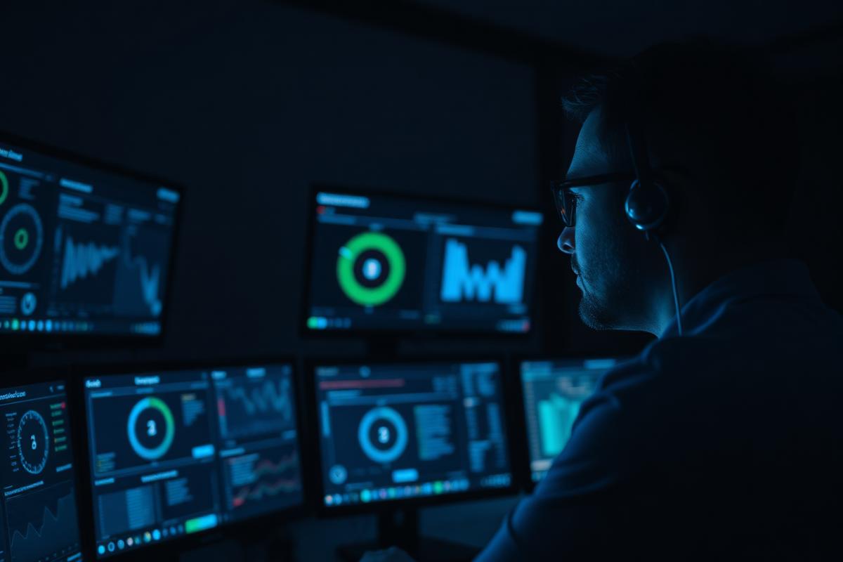 Analyste cybersécurité devant des tableaux de bord