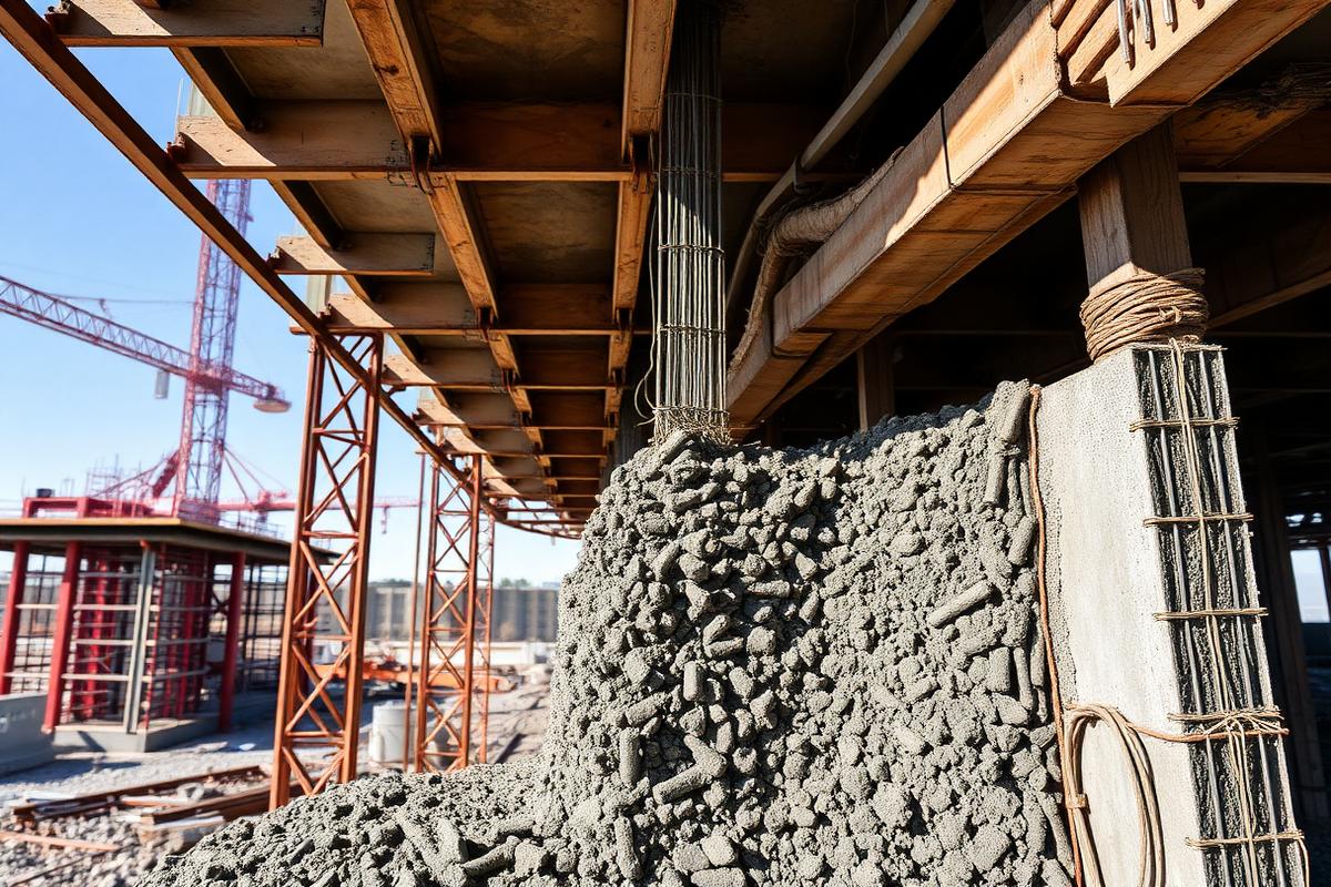 Coulage de béton et ferraillage sur chantier de gros œuvre