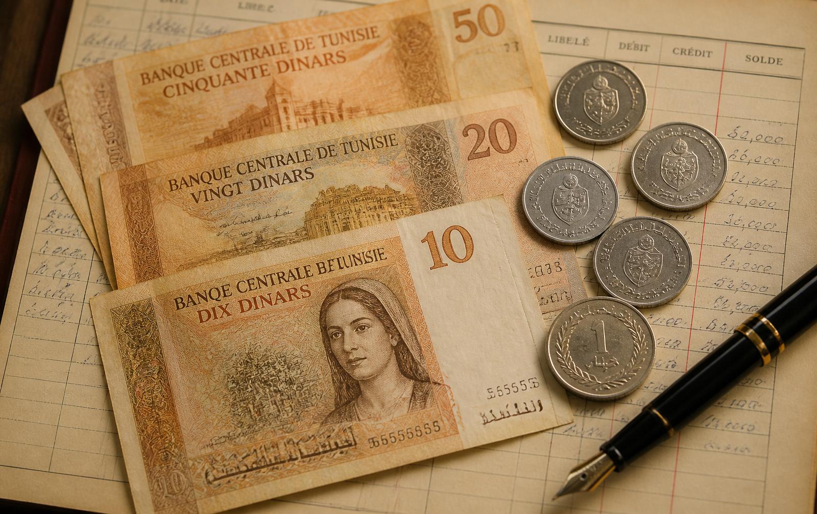 Dinars tunisiens sur un registre comptable