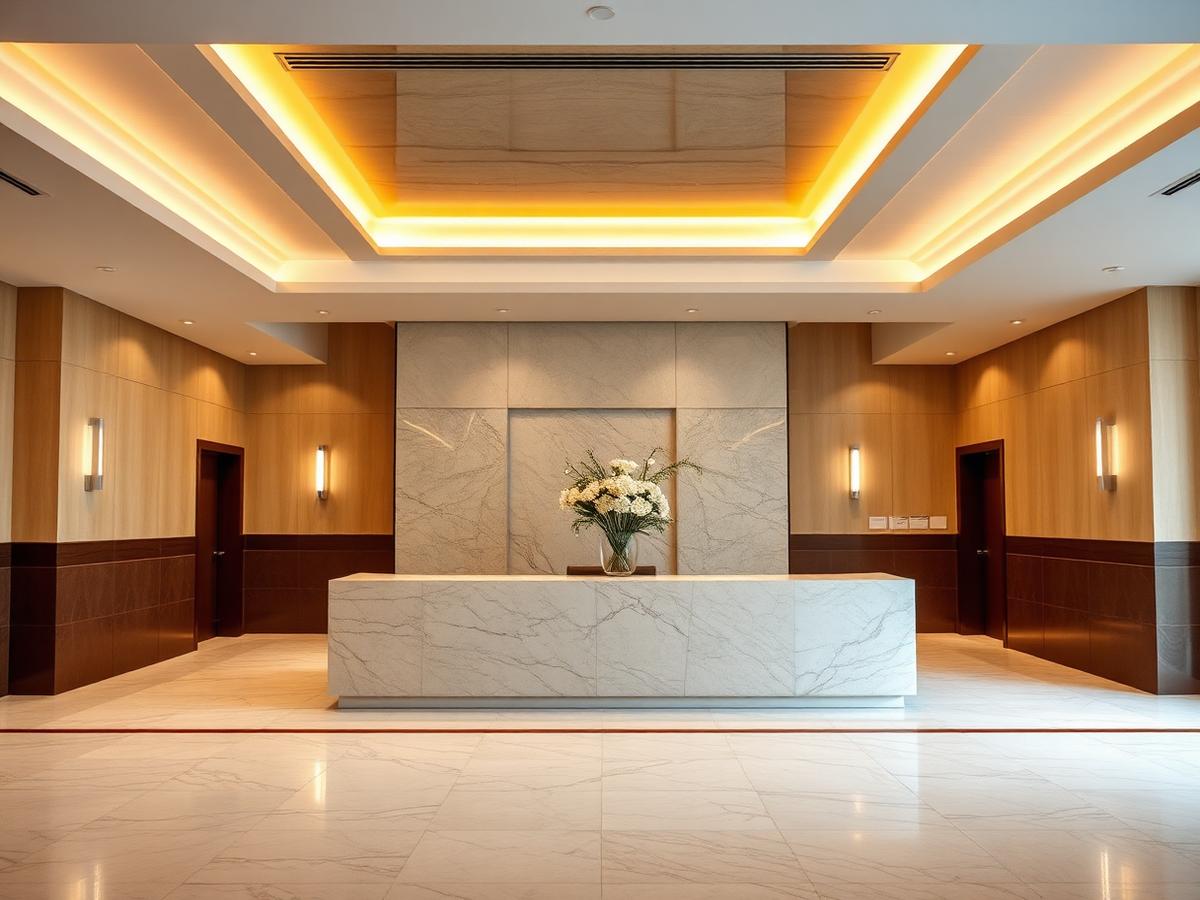 Hall d’accueil administratif moderne, comptoir en marbre, lumière chaude — affiliation employeur