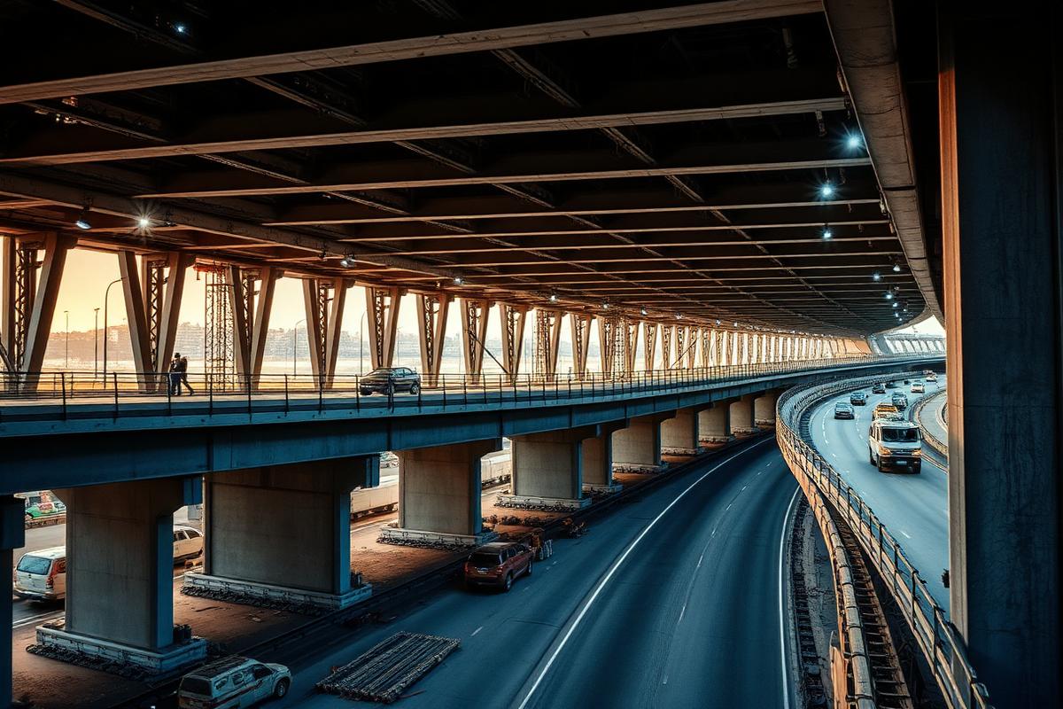 Pont autoroutier en construction, ouvrage de génie civil