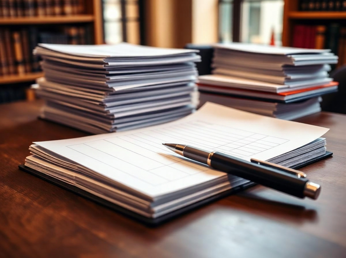 Pièces comptables et livres reliés sur un bureau en bois