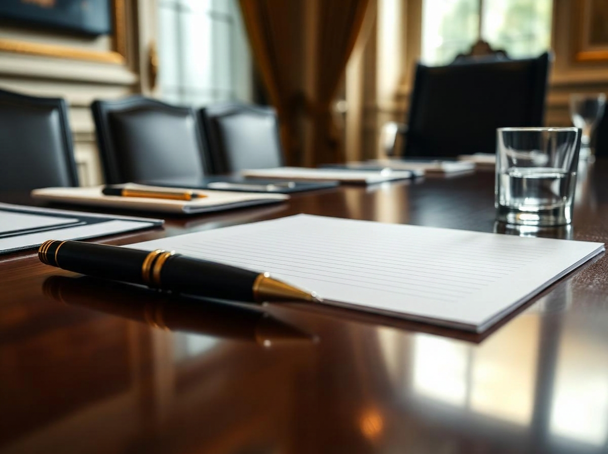 Table de conseil d’administration avec un procès-verbal signé et un stylo