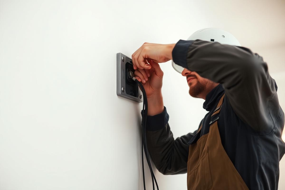 Électricien installant un câblage sur mur, travaux de second œuvre